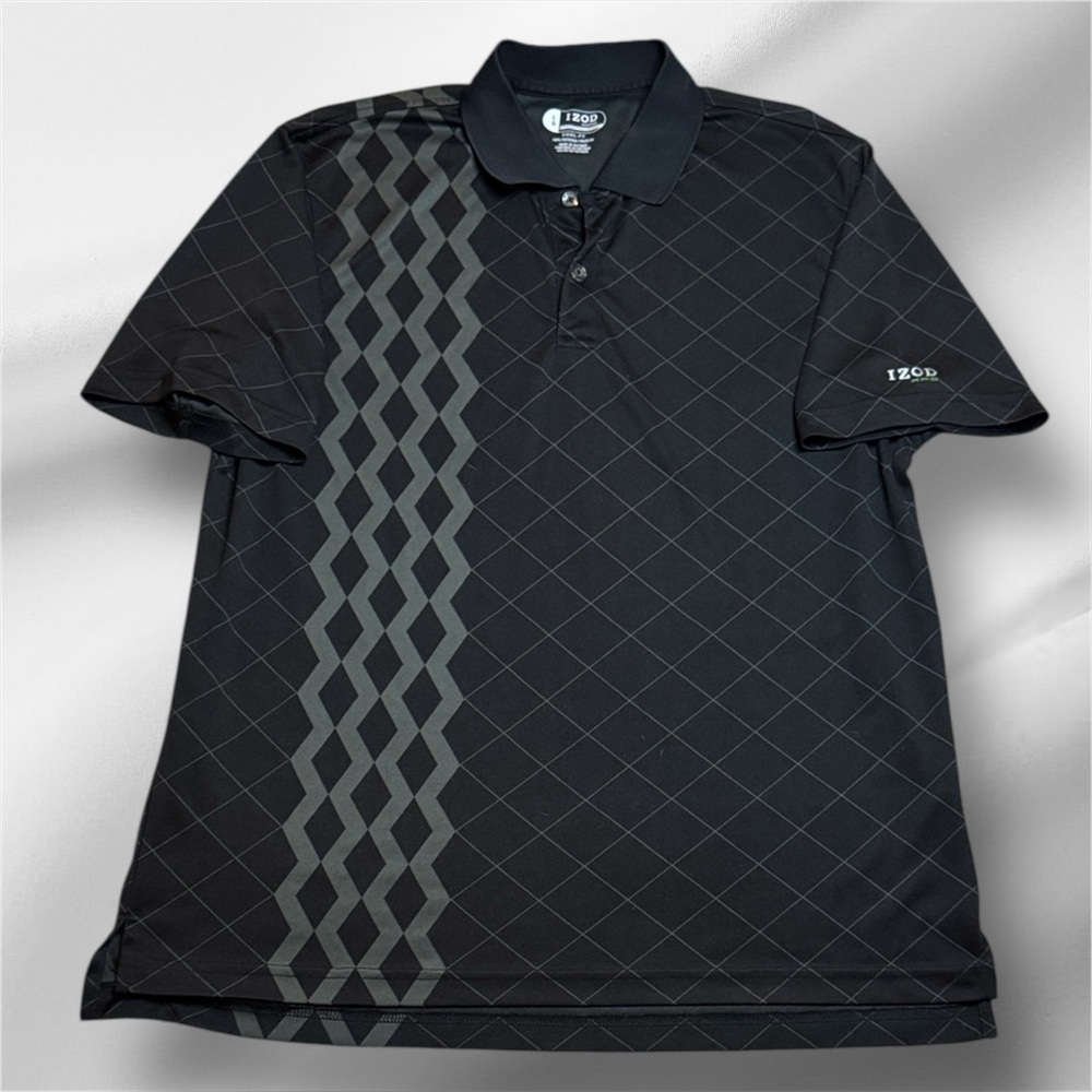 Izod Men's Polo in Black with Gray Diamond Pattern sz L